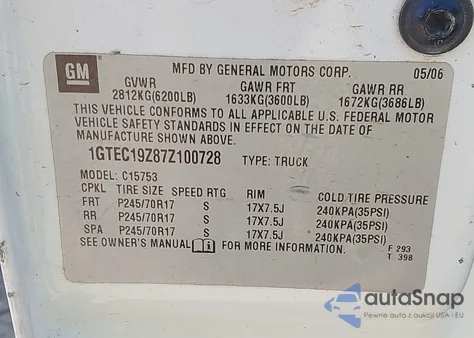 2007 GMC Sierra 1500 Classic Sle1 from USA, damaged, VIN 1GTEC19Z87Z100728